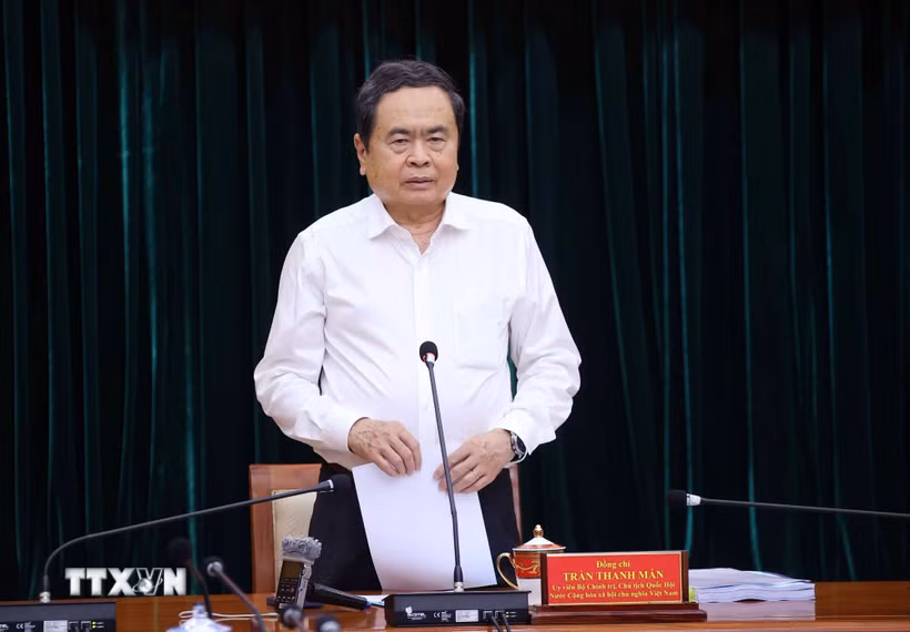 Chủ tịch Quốc hội Trần Thanh Mẫn, Trưởng Đoàn kiểm tra, giám sát số 11 phát biểu. (Ảnh: Văn Điệp/TTXVN)