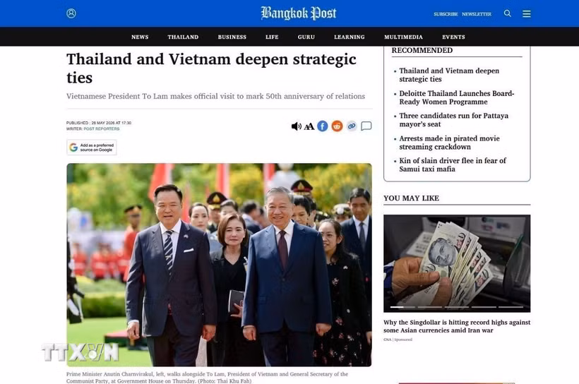 Báo Bangkok đưa tin "Thái Lan-Việt Nam tăng cường các mối quan hệ chiến lược." (Ảnh: TTXVN phát)