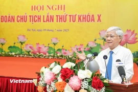 Ông Đỗ Văn Chiến, Ủy viên Bộ Chính trị, Bí thư Trung ương Đảng, Chủ tịch Ủy ban Trung ương Mặt trận Tổ quốc Việt Nam, Bí thư Đảng ủy Mặt trận Tổ quốc, các đoàn thể Trung ương phát biểu tại Hội nghị. (Ảnh: PV/Vietnam+)