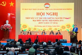 Ông Vũ Văn Tiến, Ủy viên Đoàn Chủ tịch Ủy ban Trung ương Mặt trận Tổ quốc Việt Nam, Trưởng ban Tuyên giáo cơ quan Ủy ban Trung ương Mặt trận Tổ quốc Việt Nam tại Hội nghị tiếp xúc cử tri với những người ứng cử đại biểu Quốc hội khóa XVI (đơn vị bầu cử số 6) thành phố Hải Phòng. (Ảnh: Hoài Nam/Vietnam+)