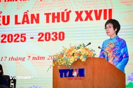 Bí thư Đảng ủy, Tổng giám đốc TTXVN Vũ Việt Trang phát biểu tại Đại hội. (Ảnh: Hoài Nam/Vietnam+)