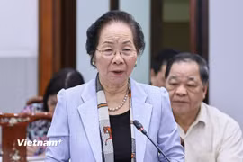 Bà Nguyễn Thị Doan, Nguyên Phó Chủ tịch nước, Ủy viên Đoàn Chủ tịch Uỷ ban Trung ương Mặt trận Tổ quốc Việt Nam phát biểu tại Hội nghị. (Ảnh: PV/Vietnam+)