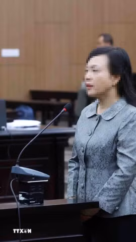 Bị cáo Nguyễn Thị Kim Tiến, cựu Bộ trưởng Bộ Y tế khai báo trước tòa. (Ảnh: Phạm Kiên/TTXVN)