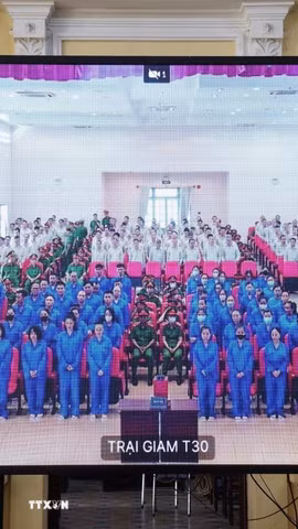Các bị cáo nghe tuyên án tại điểm cầu thành phần của phiên tòa tại Trại tạm giam Chí Hòa (T30). (Ảnh: Hồng Đạt/TTXVN)