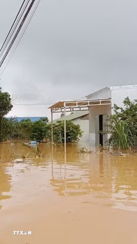 Mưa lớn kéo dài gây ngập lụt, chia cắt một số khu vực dân cư ở xã Tà Đùng (Lâm Đồng). (Ảnh: TTXVN phát)