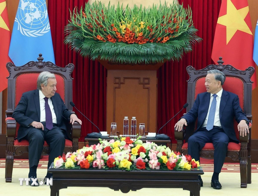 Tổng Bí thư Tô Lâm hội kiến Tổng Thư ký Liên hợp quốc António Guterres. (Ảnh: Thống Nhất/TTXVN)