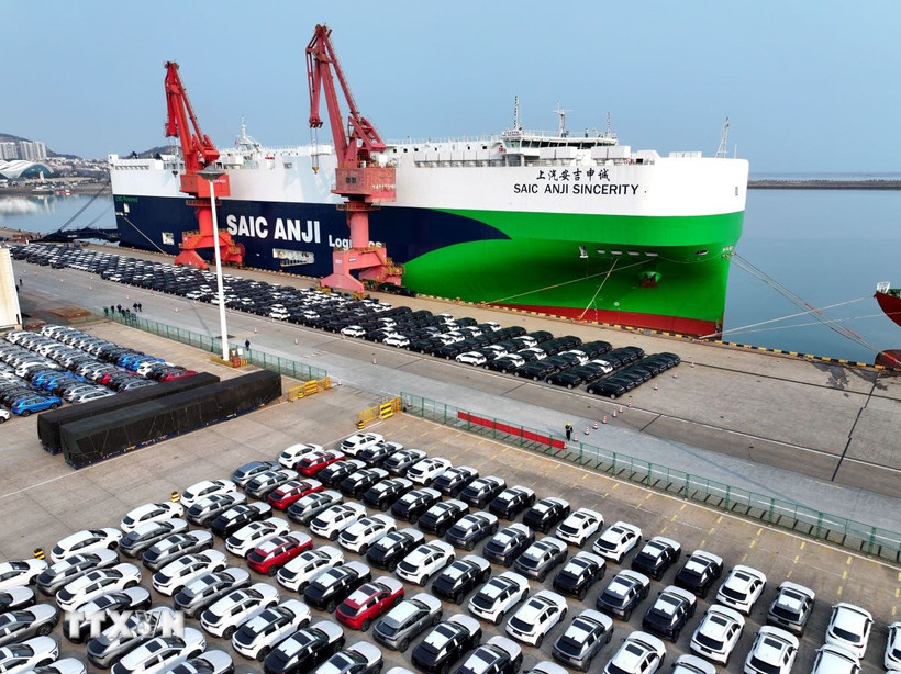 Ôtô đỗ tại cảng ở Giang Tô, Trung Quốc. (Ảnh: THX/TTXVN)