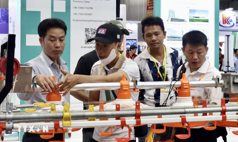 Khách tham quan dây chuyền cung cấp thức ăn cho gia cầm tại Vietstock 2025. (Ảnh: Xuân Anh/TTXVN)