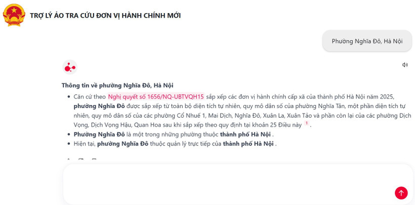 Trợ lý AI sử dụng web giúp người dân tra cứu đơn vị hành chính mới một cách dễ dàng. (Ảnh chụp màn hình)