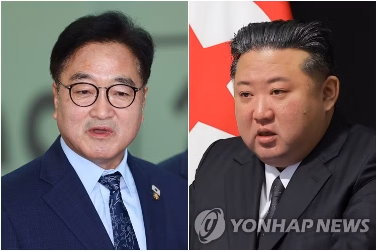 Chủ tịch Quốc hội Hàn Quốc Woo Won Shik và nhà lãnh đạo Triều Tiên Kim Jong Un. (Nguồn: Yonhap)