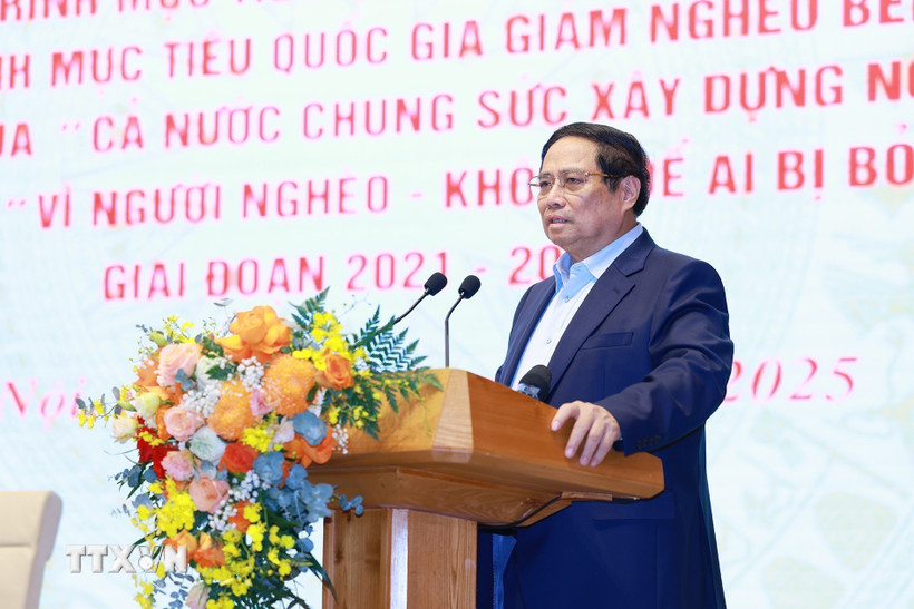 Thủ tướng Phạm Minh Chính phát biểu tại Hội nghị toàn quốc tổng kết Chương trình mục tiêu quốc gia xây dựng nông thôn mới. (Ảnh: Dương Giang/TTXVN)