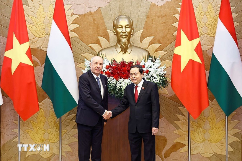 Chủ tịch Quốc hội Trần Thanh Mẫn hội kiến Tổng thống Hungary Sulyok Tamas. (Ảnh: Doãn Tấn/TTXVN)