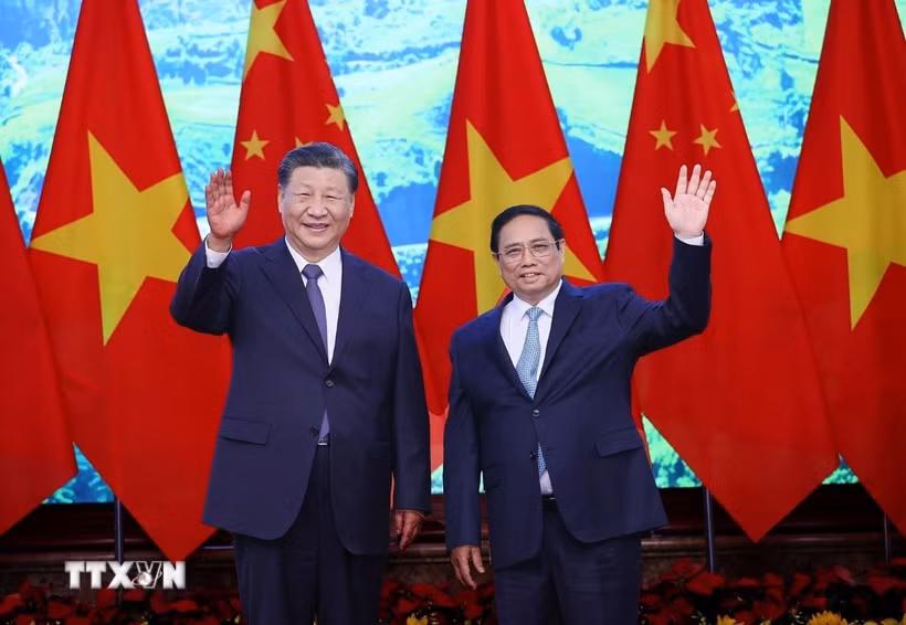 Thủ tướng Phạm Minh Chính hội kiến Tổng Bí thư, Chủ tịch nước Trung Quốc Tập Cận Bình thăm cấp Nhà nước tới Việt Nam (Hà Nội, sáng 13/12/2023). (Ảnh: Dương Giang/TTXVN)