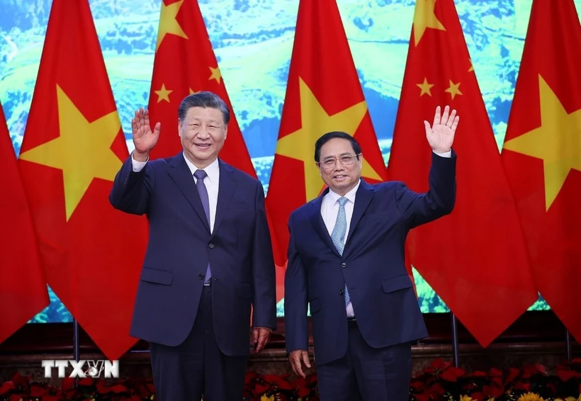 Thủ tướng Phạm Minh Chính hội kiến Tổng Bí thư, Chủ tịch nước Trung Quốc Tập Cận Bình thăm cấp Nhà nước tới Việt Nam (Hà Nội, sáng 13/12/2023). (Ảnh: Dương Giang/TTXVN)