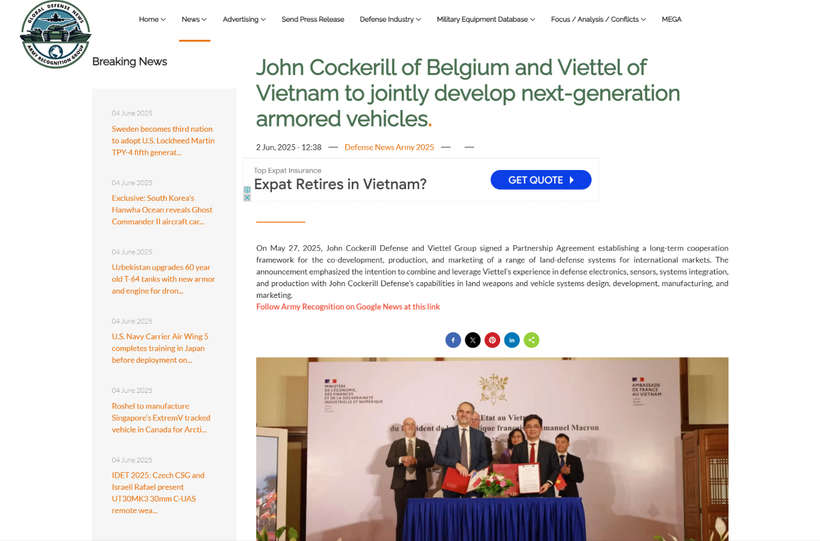 Army Recognition đăng bài phân tích về thỏa thuận của Viettel High Tech và John Cockerill Defense.