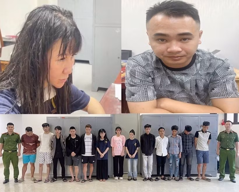 Tạ Thu Hà và Trịnh Ngọc Linh cùng các đối tượng trong ổ nhóm lừa đảo chiếm đoạt tài sản bị bắt giữ. (Ảnh cơ quan công an cung cấp)