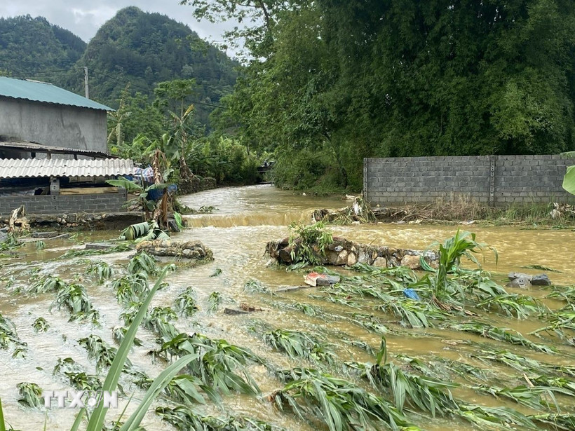 Mưa lớn gây ngập úng tràn vào nhiều nhà dân trên địa bàn thành phố Lai Châu. (Ảnh: TTXVN phát)