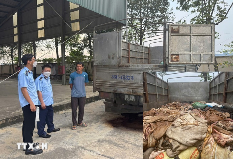 Cơ quan chức năng kiểm tra số hàng hóa là thực phẩm không rõ nguồn gốc. (Ảnh: TTXVN phát)