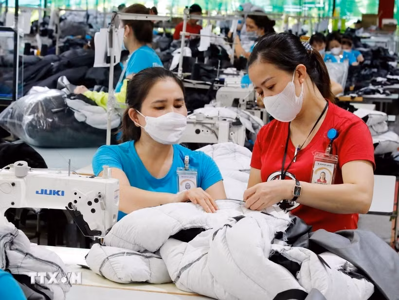 May hàng xuất khẩu tại Công ty TNHH May Maxport, xã Tân Thuận, tỉnh Hưng Yên. (Ảnh: Trần Việt/TTXVN)