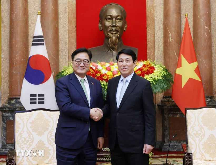 Chủ tịch nước Lương Cường tiếp Chủ tịch Quốc hội Hàn Quốc Woo Won Shik. (Ảnh: Lâm Khánh/TTXVN)