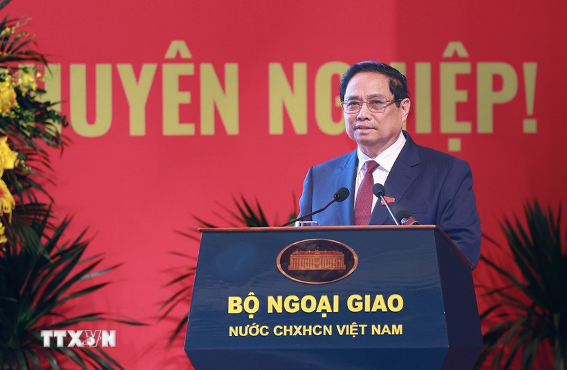Thủ tướng Phạm Minh Chính phát biểu chỉ đạo tại Đại hội đại biểu Đảng bộ Bộ Ngoại giao lần thứ I, nhiệm kỳ 2025-2030. (Ảnh: Dương Giang/TTXVN)