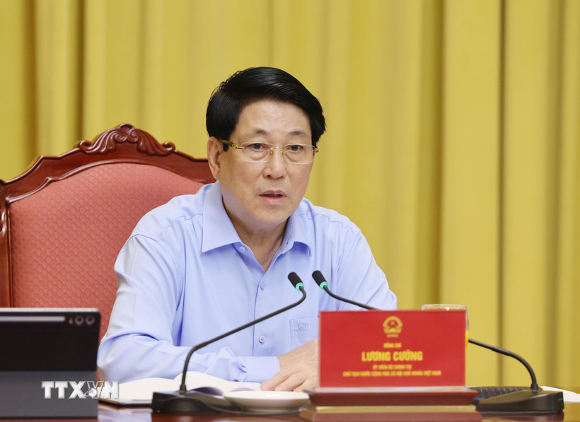Chủ tịch nước Lương Cường chủ trì làm việc với Văn phòng Chủ tịch nước về công tác tháng 8/2025 và nhiệm vụ trọng tâm công tác tháng 9/2025. (Ảnh: Lâm Khánh/TTXVN)