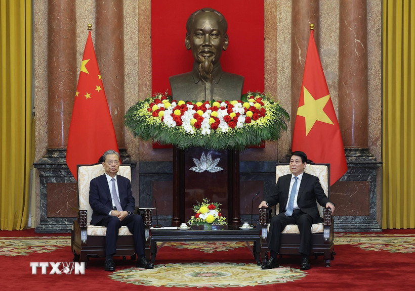 Chủ tịch nước Lương Cường tiếp Ủy viên trưởng Nhân đại toàn quốc Trung Quốc Triệu Lạc Tế. (Ảnh: Lâm Khánh/TTXVN)