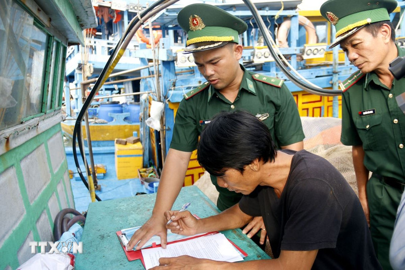 Cán bộ Đồn Biên phòng hướng dẫn ngư dân ký cam kết không vi phạm IUU. (Ảnh: Hồng Hiếu/TTXVN)