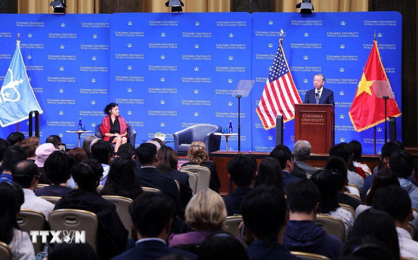 Tổng Bí thư, Chủ tịch nước Tô Lâm phát biểu chính sách tại Đại học Columbia, New York, Hoa Kỳ ngày 23/9/2024. (Ảnh: Lâm Khánh/TTXVN)