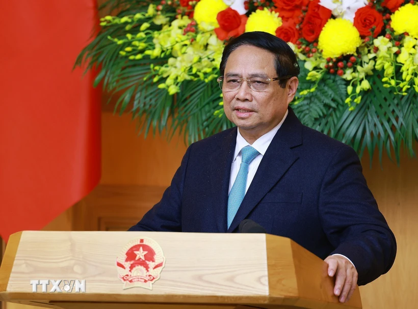 Thủ tướng Phạm Minh Chính phát biểu tại buổi tọa đàm với các doanh nghiệp châu Âu. (Ảnh: Dương Giang/TTXVN)