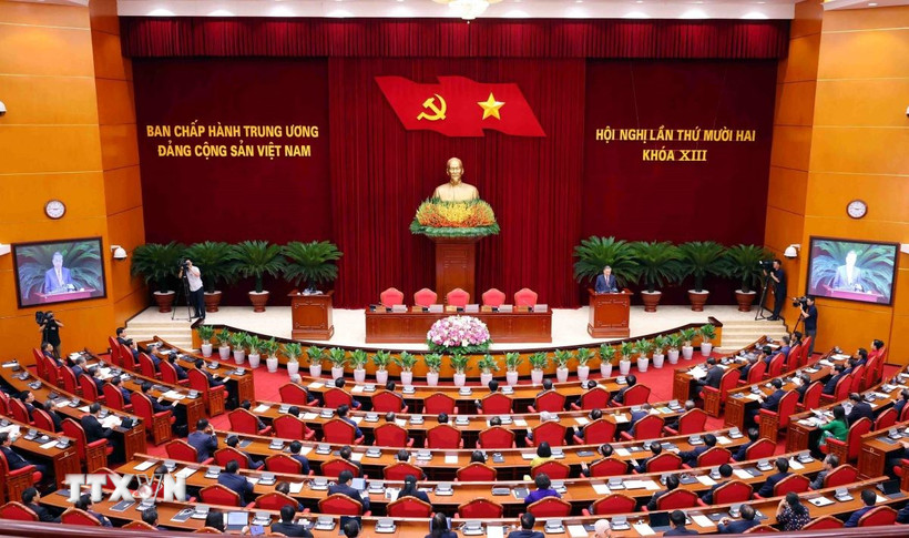 Quang cảnh phiên bế mạc Hội nghị lần thứ mười hai Ban Chấp hành Trung ương Đảng khóa XIII. (Ảnh: Phạm Kiên/TTXVN)