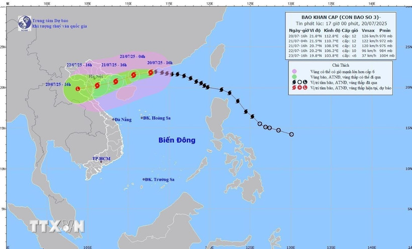 Hướng di chuyển của bão số 3 lúc 16 giờ ngày 20/7. (Ảnh: TTXVN phát)