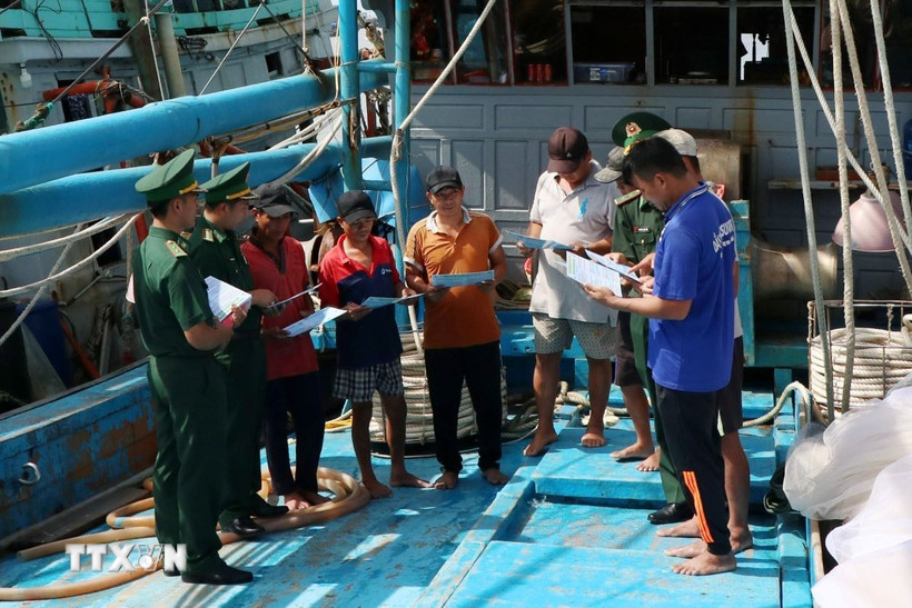 Bộ đội Biên phòng Cà Mau tuyên truyền, vận động ngư dân thực hiện tốt các quy định chống khai thác IUU. (Ảnh: Kim Há/TTXVN)