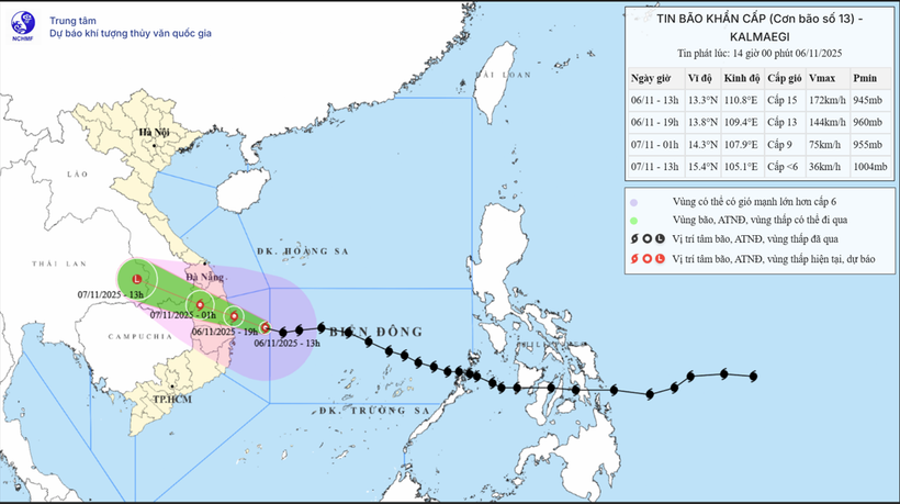Hướng di chuyển của bão. (Nguồn: Trung tâm Dự báo Khí tượng Thủy văn Quốc gia)