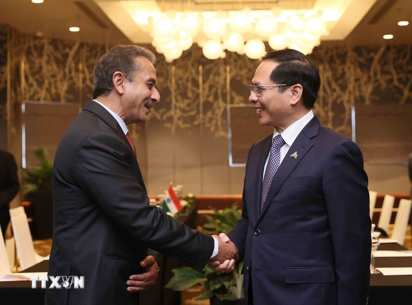 Phó Thủ tướng, Bộ trưởng Bộ Ngoại giao Bùi Thanh Sơn tiếp Quốc vụ khanh Ấn Độ Kirti Vardhan Singh. (Ảnh: An Đăng/TTXVN)