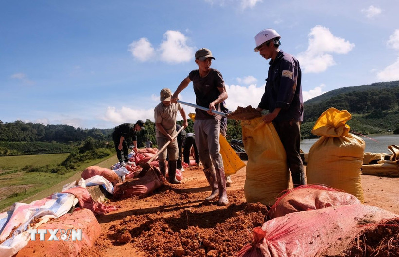 Các lực lượng bổ sung hàng trăm bao đất để gia cố phần thân đập bị nứt, sụt lún, có nguy cơ vỡ bất cứ lúc nào. (Ảnh: Nguyễn Dũng/TTXVN)