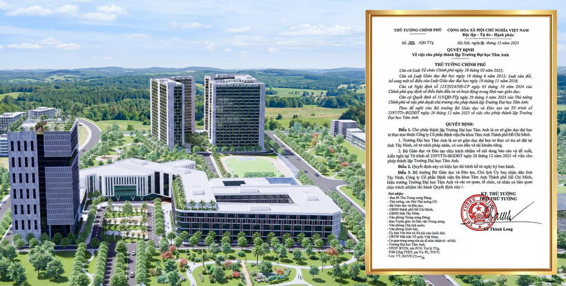 Quyết định thành lập trường do Thủ tướng Chính phủ ban hành ngày 30/12/2025 và ảnh phối cảnh của trường. (Ảnh: Trường Đại học Tâm Anh)