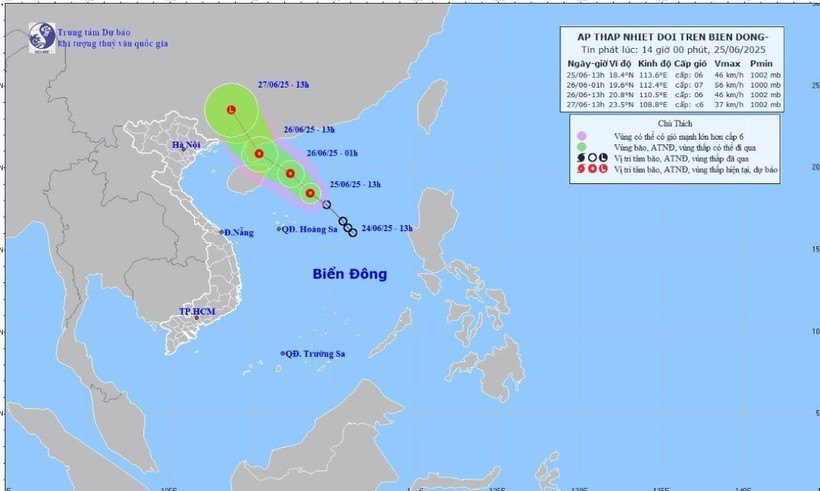 Hướng di chuyển của áp thấp nhiệt đới, chiều 25/6. (Ảnh: TTXVN phát)