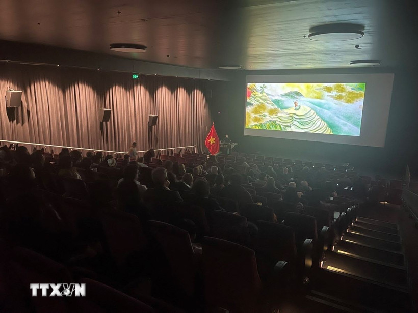 Khán giả theo dõi bộ phim “Tôi thấy hoa vàng trên cỏ xanh” của Việt Nam. (Ảnh: TTXVN phát)