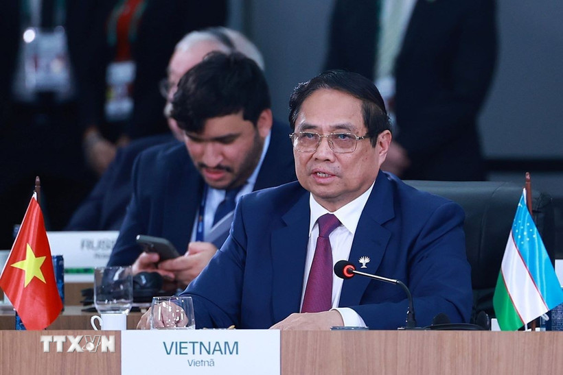 Thủ tướng Phạm Minh Chính phát biểu tại Phiên thảo luận cấp cao "Tăng cường chủ nghĩa đa phương, các vấn đề kinh tế-tài chính và trí tuệ nhân tạo." (Ảnh: Dương Giang/TTXVN)