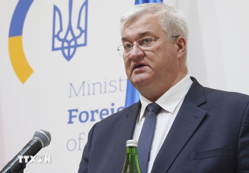 Ngoại trưởng Ukraine Andrii Sybiha trong cuộc họp báo tại Kiev ngày 26/3/2025. (Ảnh: Kyodo/TTXVN)