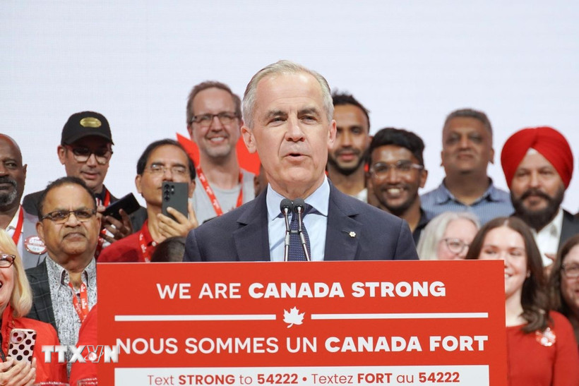 Thủ tướng Canada Mark Carney phát biểu tại Ottawa sau khi đảng Tự do của ông giành chiến thắng trong cuộc tổng tuyển cử, ngày 29/4/2025. (Ảnh: Kyodo/TTXVN)