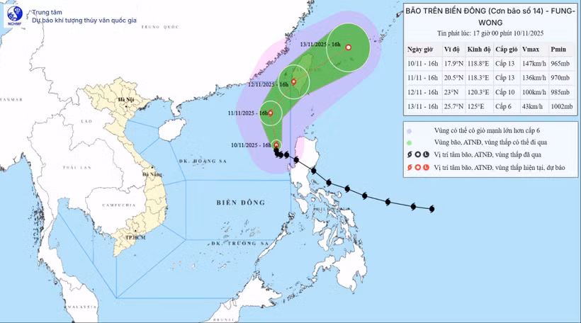 Hướng di chuyển của bão. (Nguồn: Trung tâm Dự báo Khí tượng Thủy văn Quốc gia)