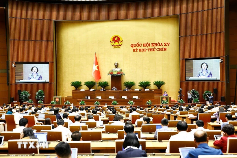 Bộ trưởng Bộ Nội vụ Phạm Thị Thanh Trà trình bày Tờ trình về việc sắp xếp đơn vị hành chính cấp tỉnh năm 2025. (Ảnh: Doãn Tấn/TTXVN)