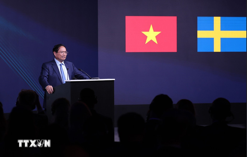 Thủ tướng Phạm Minh Chính phát biểu tại Diễn đàn kinh tế Việt Nam-Thụy Điển. (Ảnh: Dương Giang/TTXVN)