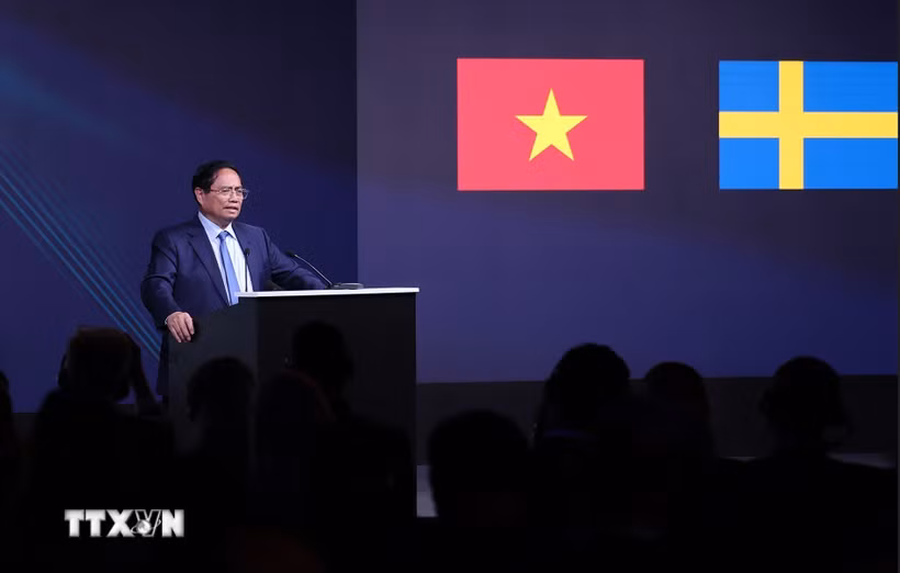 Thủ tướng Phạm Minh Chính phát biểu tại Diễn đàn kinh tế Việt Nam-Thụy Điển. (Ảnh: Dương Giang/TTXVN)