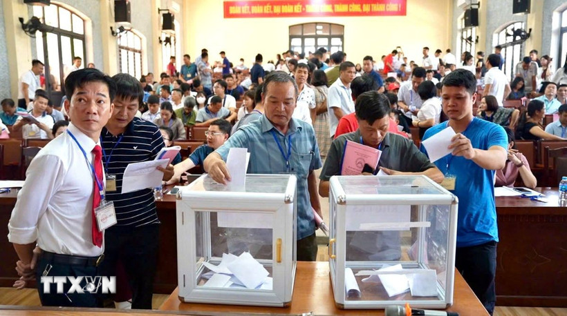 Nhà đầu tư tham gia bỏ giá theo phương thức bỏ giá lên cho mỗi ô đất tại phiên đấu giá đất ở xã Triệu Việt Vương (Hưng Yên). (Ảnh: Mạnh Khánh/TTXVN)