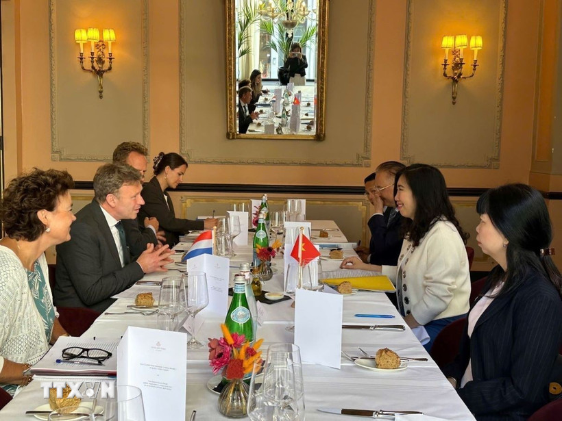 Thứ trưởng Ngoại giao Lê Thị Thu Hằng và Thứ trưởng Ngoại giao Hà Lan Marcel De Vink đồng chủ trì Tham vấn chính trị cấp Thứ trưởng Ngoại giao Việt Nam-Hà Lan lần thứ nhất. (Ảnh: TTXVN phát)