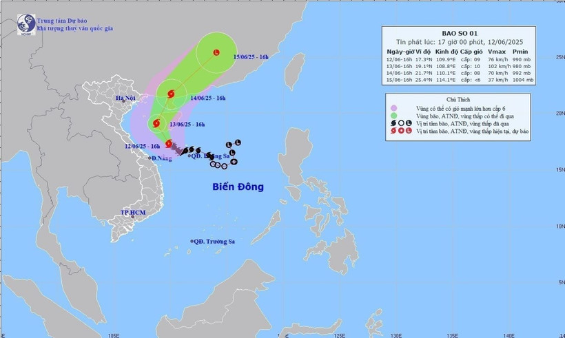 Hướng di chuyển của bão số 1 lúc 16h ngày 12/6/2025. (Ảnh: TTXVN phát)