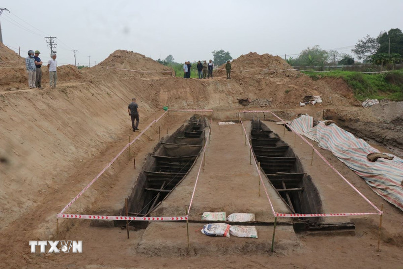 Các nhà khảo cổ học đều nhận định đây là lần đầu tiên tại Việt Nam phát hiện ra hai chiếc thuyền có kết cấu liên kết với nhau rất kiên cố bằng 1 thanh gỗ ở đầu thuyền. (Ảnh: Đỗ Huyền/TTXVN)